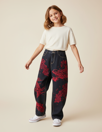 Pantalon Baggy Denim Bleu Marine Ample Imprimé Dragon Rouge - Jean