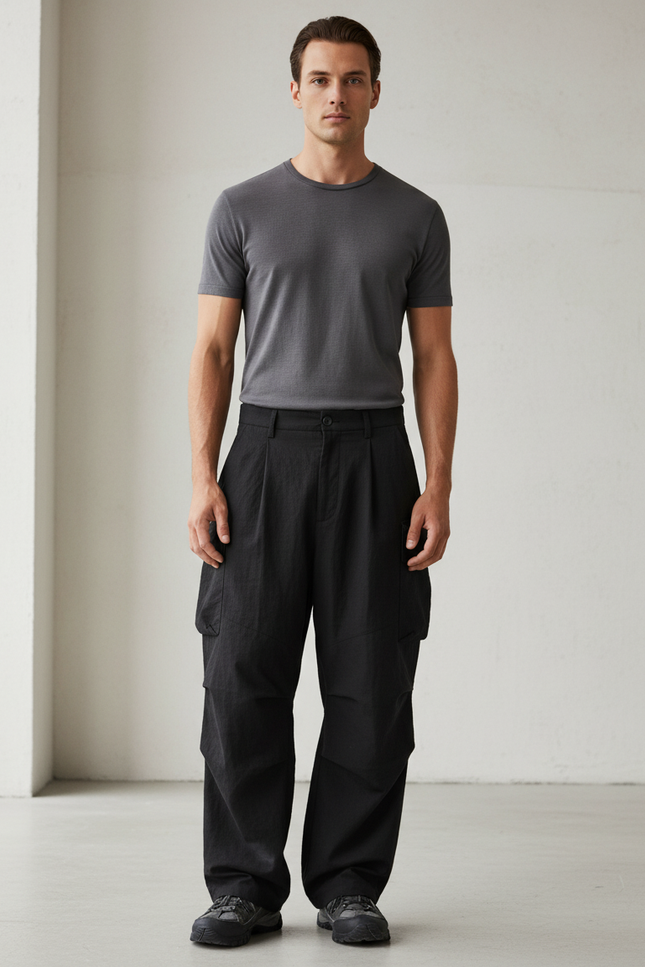 Pantalon Baggy Noir Cargo Décontracté Ample Homme - Polyester