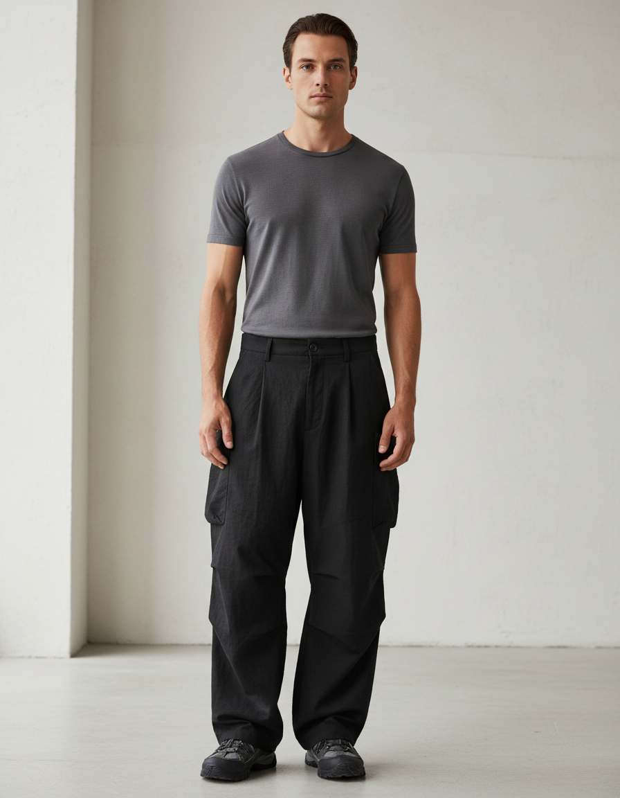 Pantalon Baggy Noir Cargo Décontracté Ample Homme - Polyester
