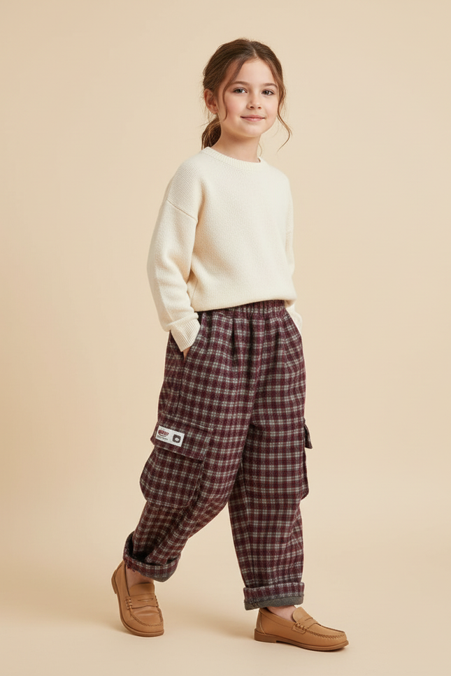 Pantalon Baggy Carreaux Rouge Ample Laine Enfant - Bordeaux
