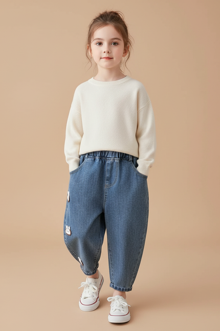 Pantalon Baggy Jean Bleu Ample Lapins Brodés Fille