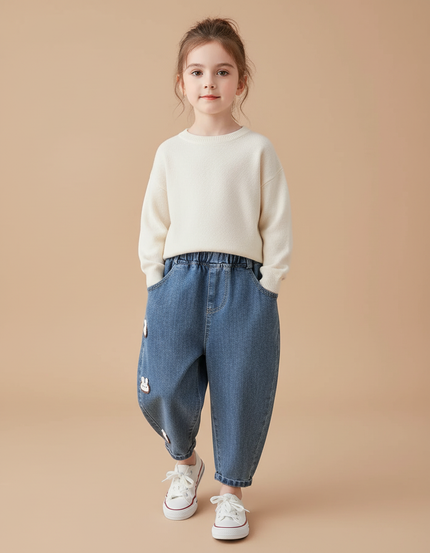 Pantalon Baggy Jean Bleu Ample Lapins Brodés Fille