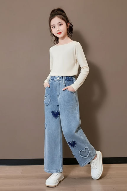 Pantalon Baggy Jean Bleu Cœurs Ample Fille
