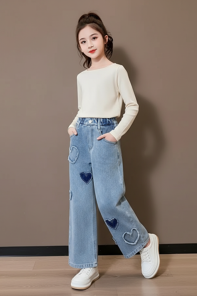 Pantalon Baggy Jean Bleu Cœurs Ample Fille