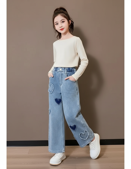 Pantalon Baggy Jean Bleu Cœurs Ample Fille