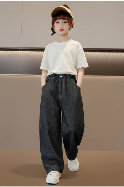 Pantalon Baggy Denim Ample Gris Décontracté Fille - Jean