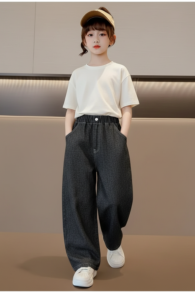 Pantalon Baggy Denim Ample Gris Décontracté Fille - Jean