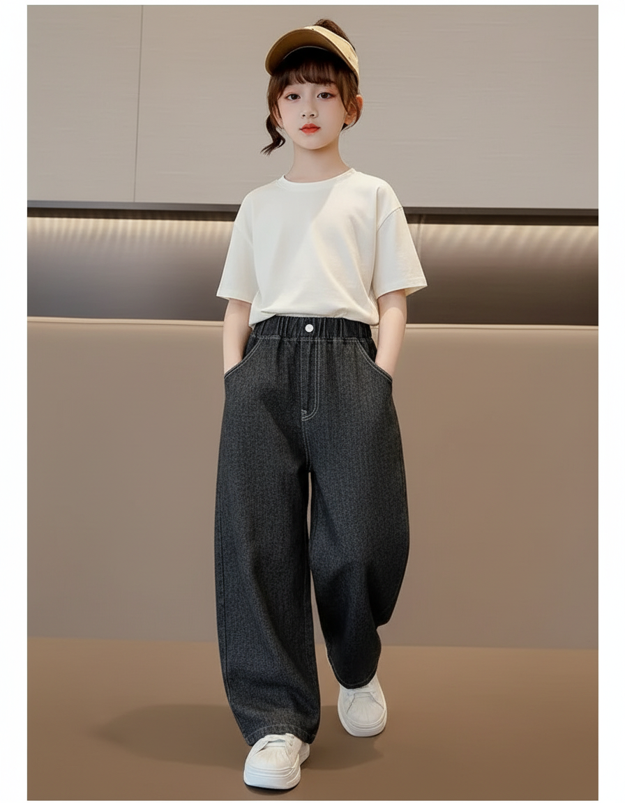 Pantalon Baggy Denim Ample Gris Décontracté Fille - Jean