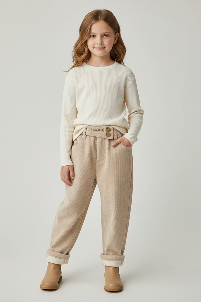 Pantalon Baggy Beige Côtelé Ample Enfant Décontracté - Cordé