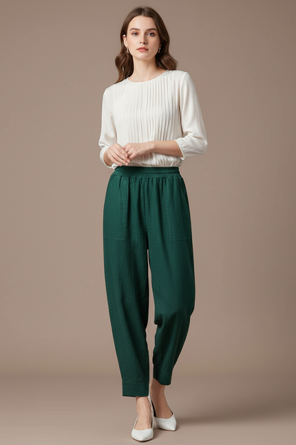 Pantalon Baggy Vert Émeraude Lin Ample Confortable