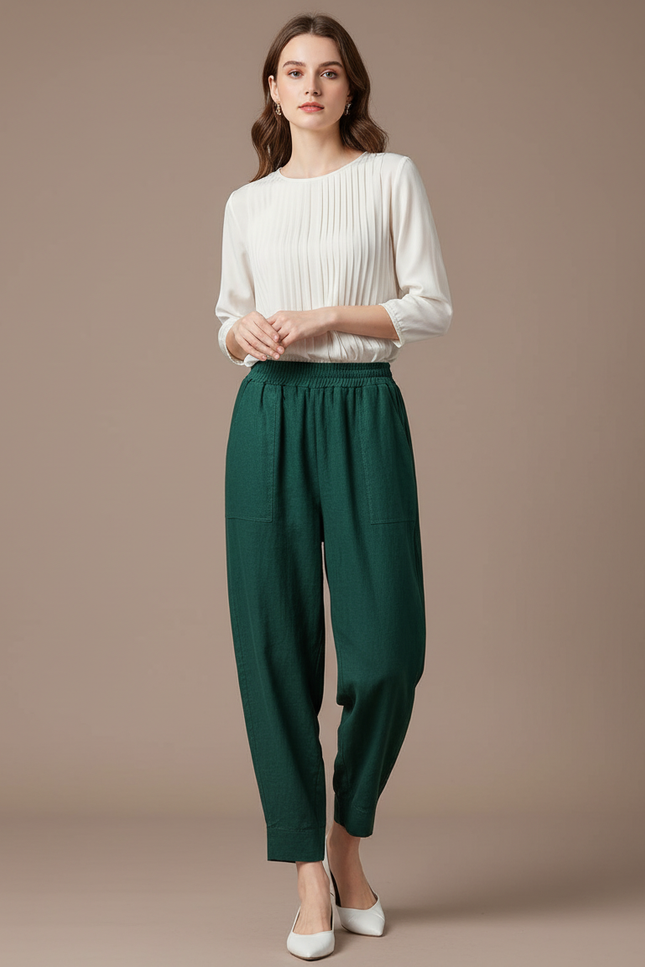 Pantalon Baggy Vert Émeraude Lin Ample Confortable