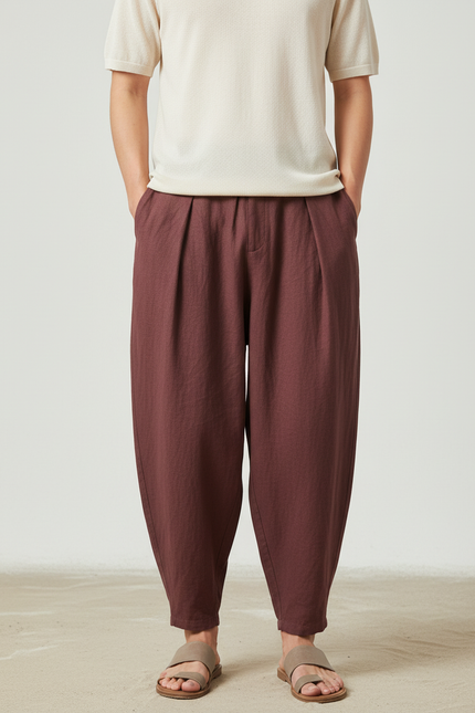 Pantalon Baggy Marron Lin Ample Plissé Décontracté Homme