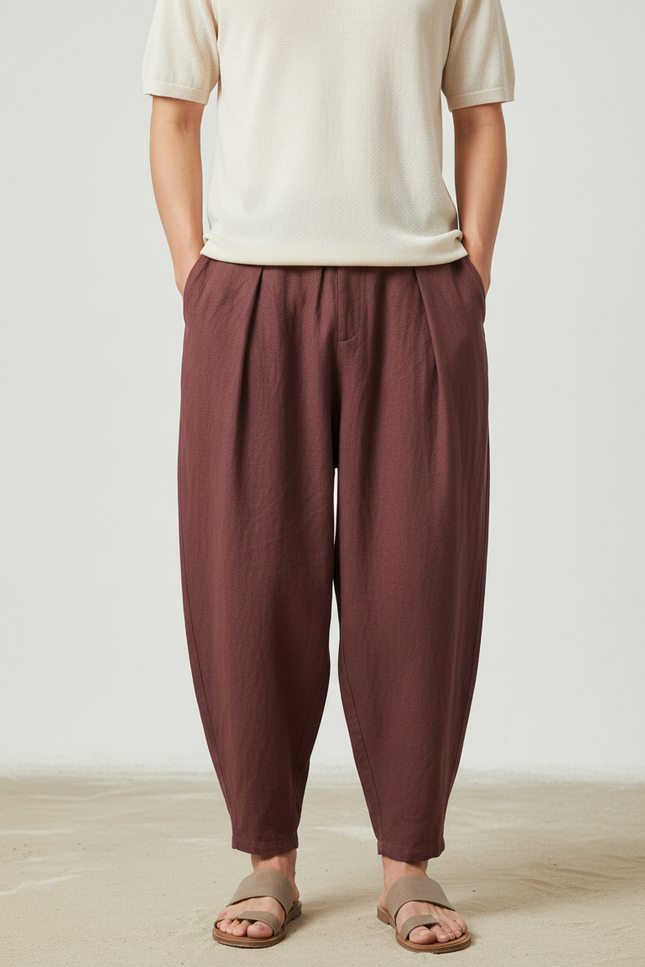 Pantalon Baggy Marron Lin Ample Plissé Décontracté Homme