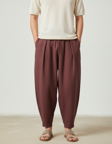 Pantalon Baggy Marron Lin Ample Plissé Décontracté Homme