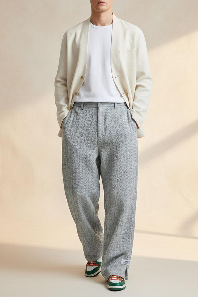 Pantalon Baggy Gris Texturé Ample Décontracté Homme - Maille