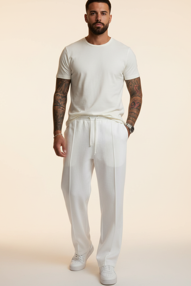 Pantalon Baggy Blanc Lin Plissé Décontracté Homme