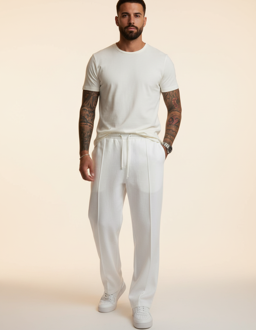 Pantalon Baggy Blanc Lin Plissé Décontracté Homme