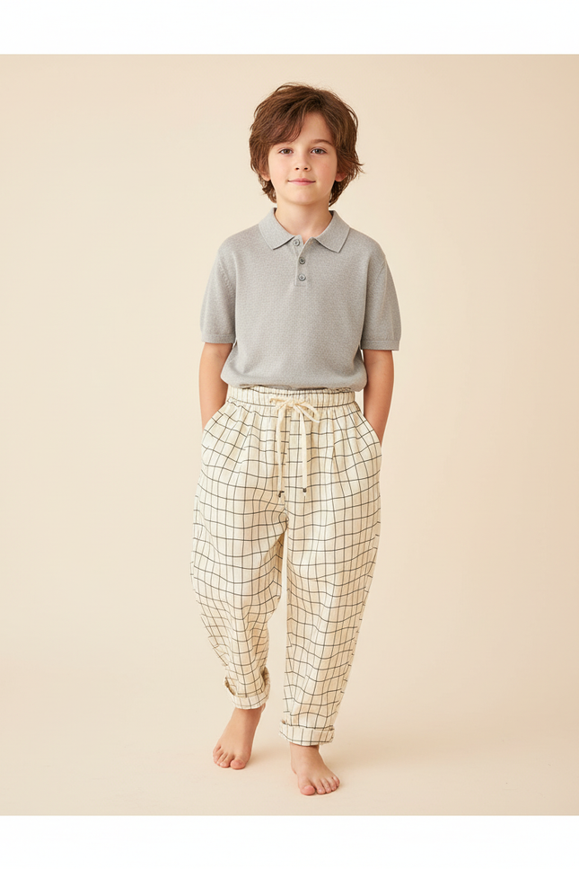 Pantalon Baggy Carreaux Ample Coton Enfant Beige