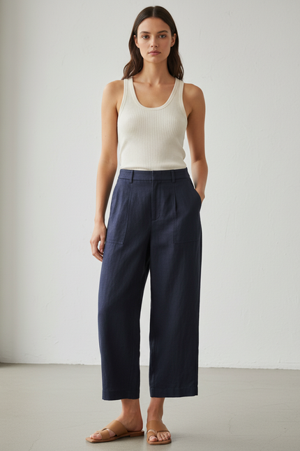 Pantalon Baggy Marine Lin Ample Taille Haute Fluide