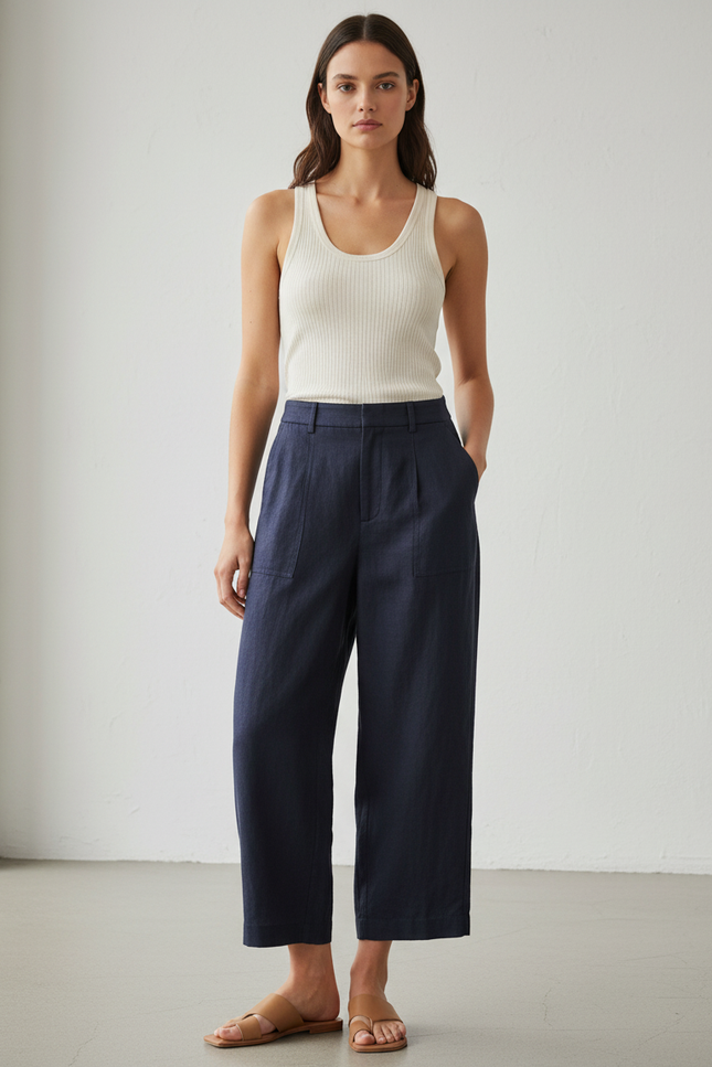 Pantalon Baggy Marine Lin Ample Taille Haute Fluide