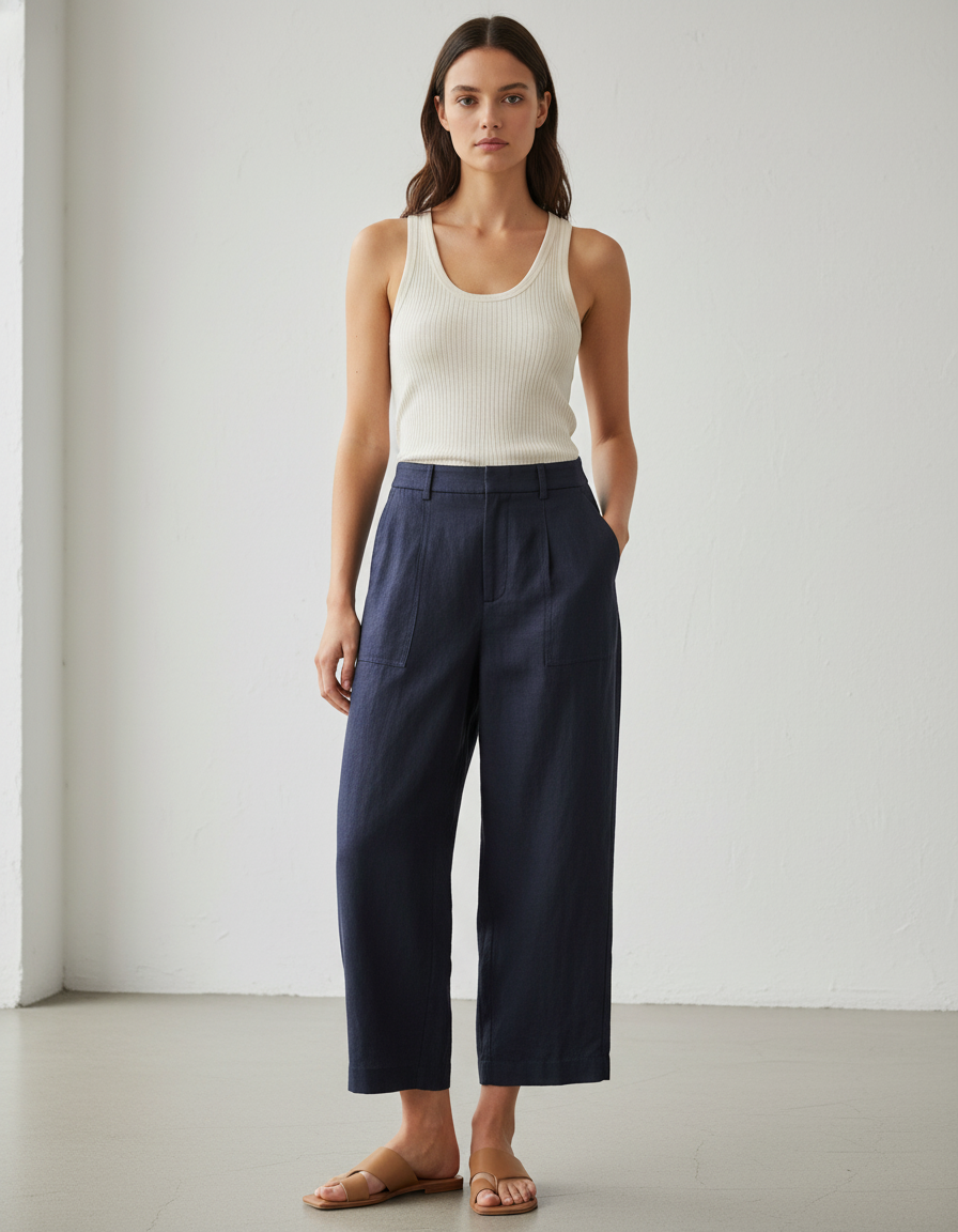 Pantalon Baggy Marine Lin Ample Taille Haute Fluide