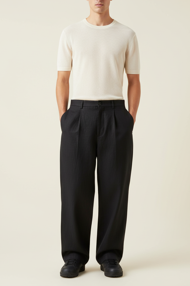 Pantalon Baggy Noir Ample Plissé Homme - Laine