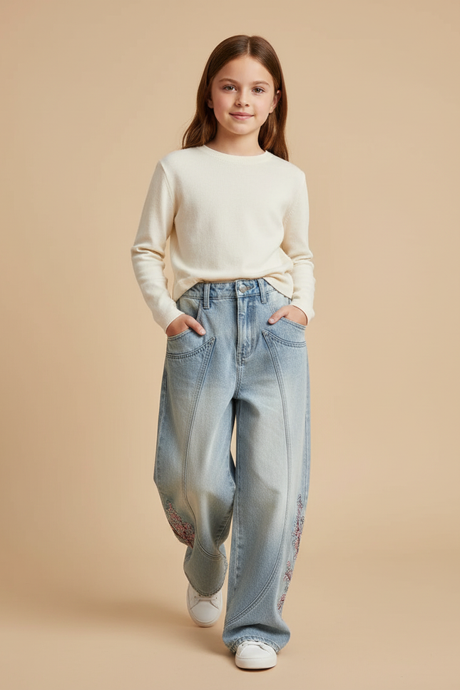 Pantalon Baggy Denim Décontracté Brodé Floral Ample - Bleu Jean