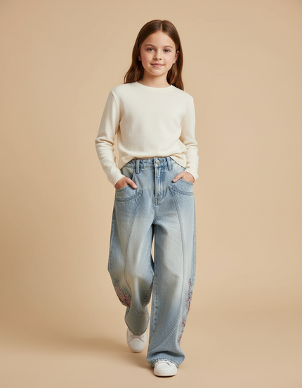 Pantalon Baggy Denim Décontracté Brodé Floral Ample - Bleu Jean