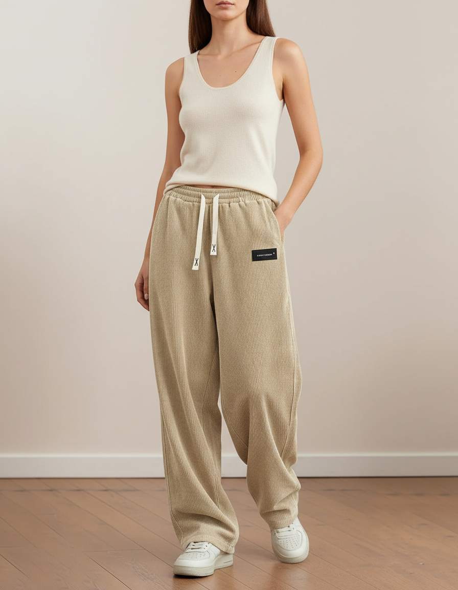 Pantalon Baggy Corduroy Beige Ample Décontracté Cordon - Cordé