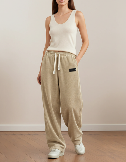 Pantalon Baggy Corduroy Beige Ample Décontracté Cordon - Cordé