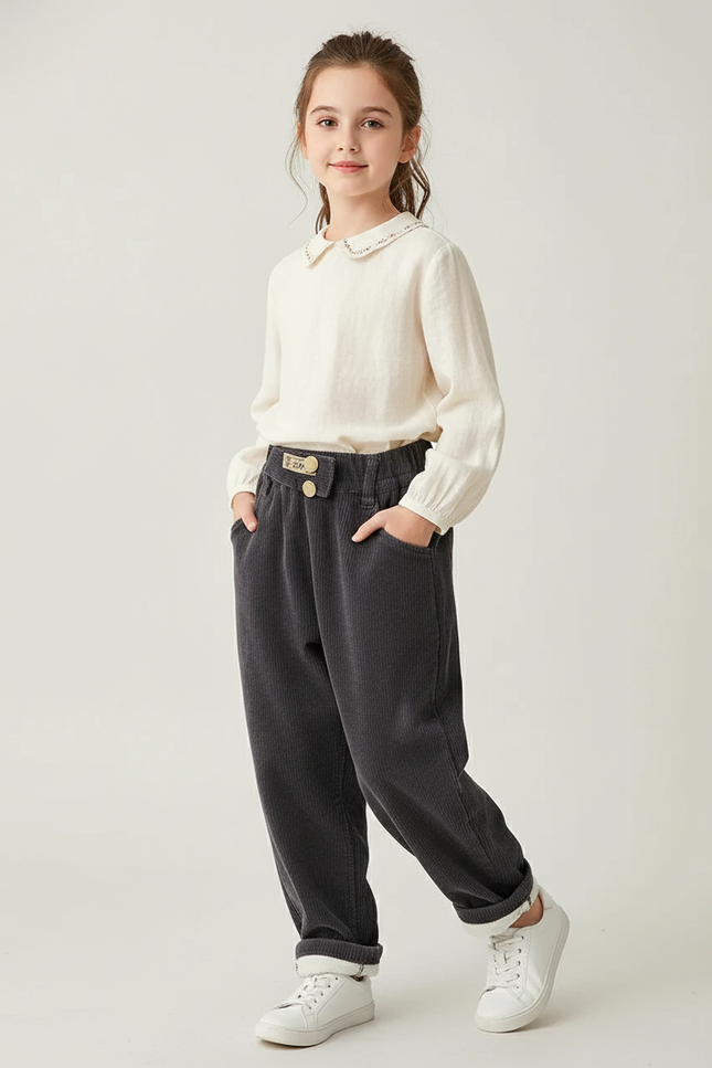Pantalon Baggy Côtelé Gris Ample Enfant Décontracté - Cordé