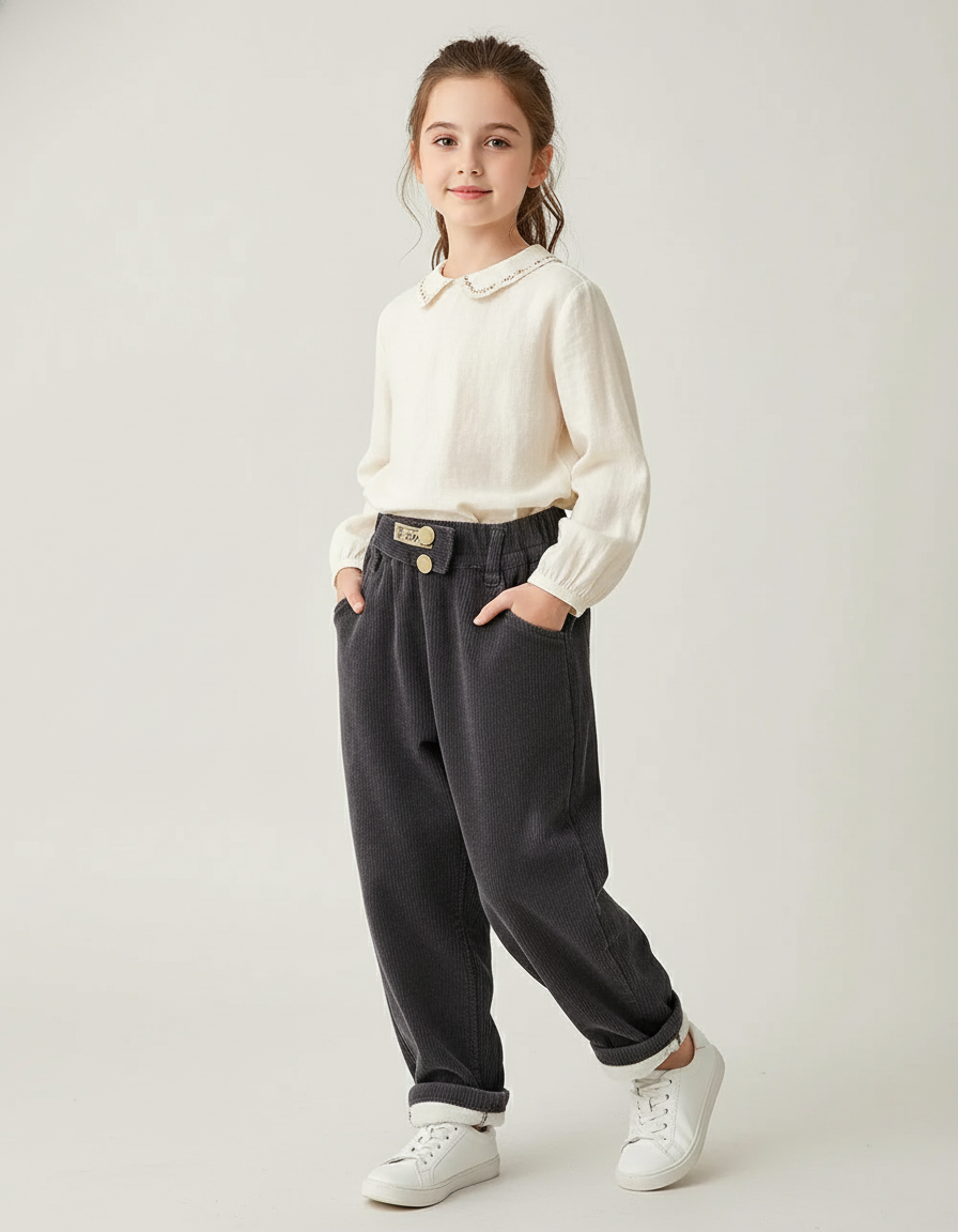 Pantalon Baggy Côtelé Gris Ample Enfant Décontracté - Cordé