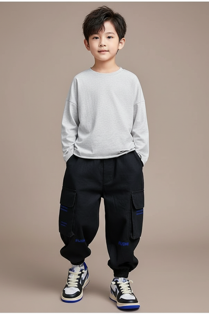 Pantalon Baggy Noir Cargo Décontracté Garçon Coton