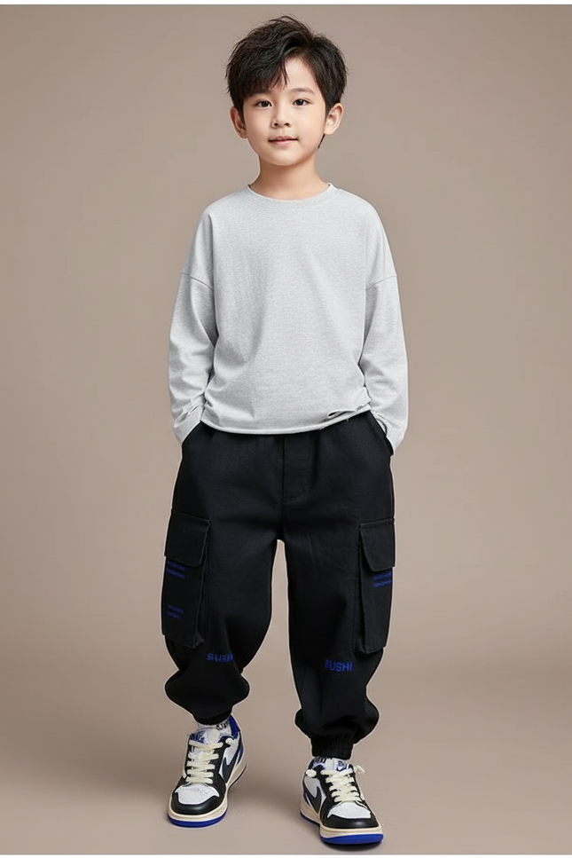 Pantalon Baggy Noir Cargo Décontracté Garçon Coton