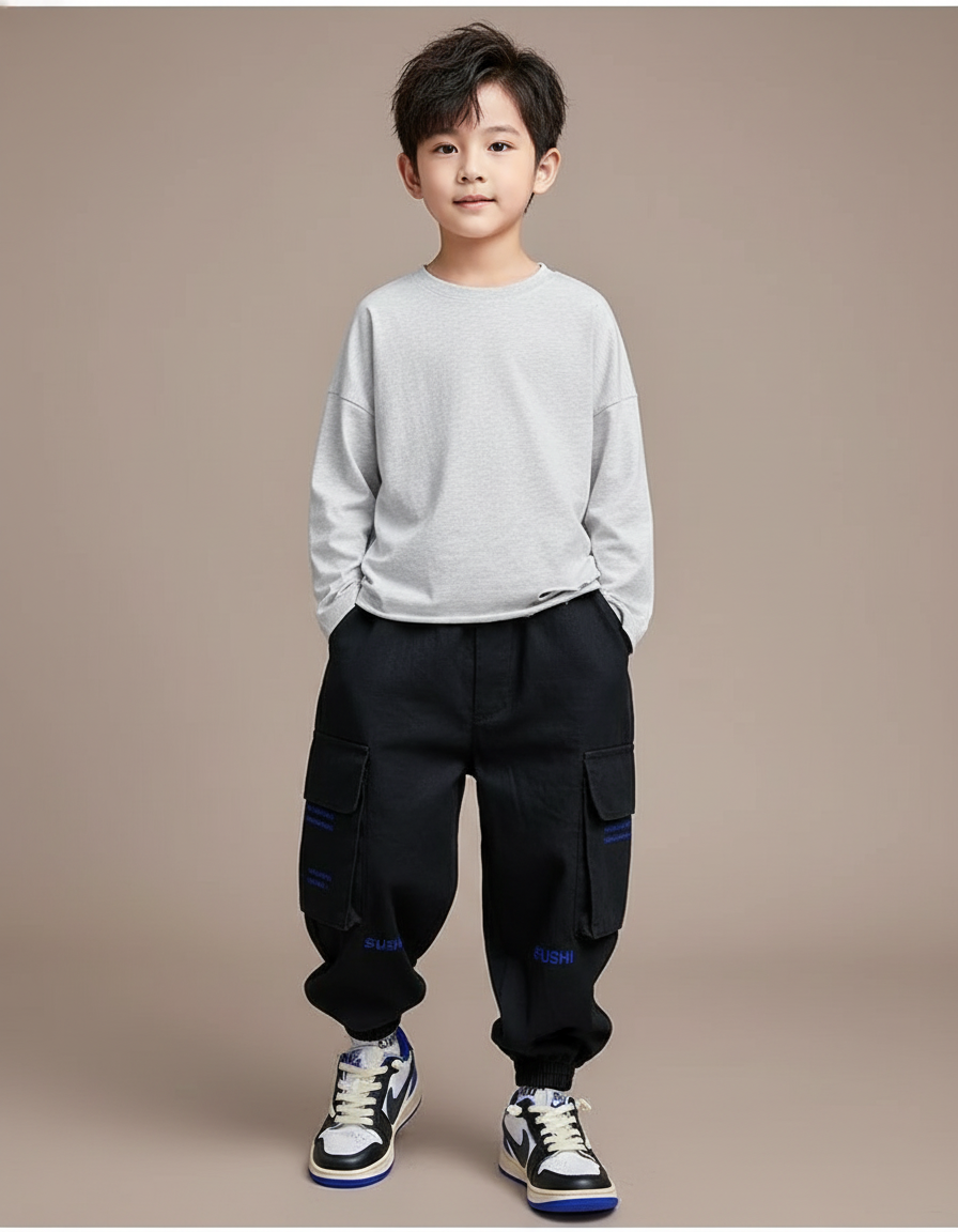 Pantalon Baggy Noir Cargo Décontracté Garçon Coton
