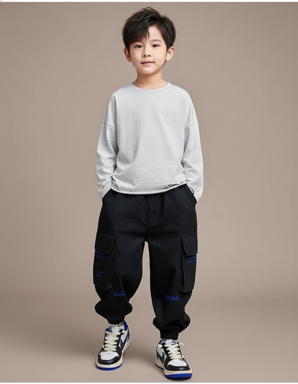 Pantalon Baggy Noir Cargo Décontracté Garçon Coton