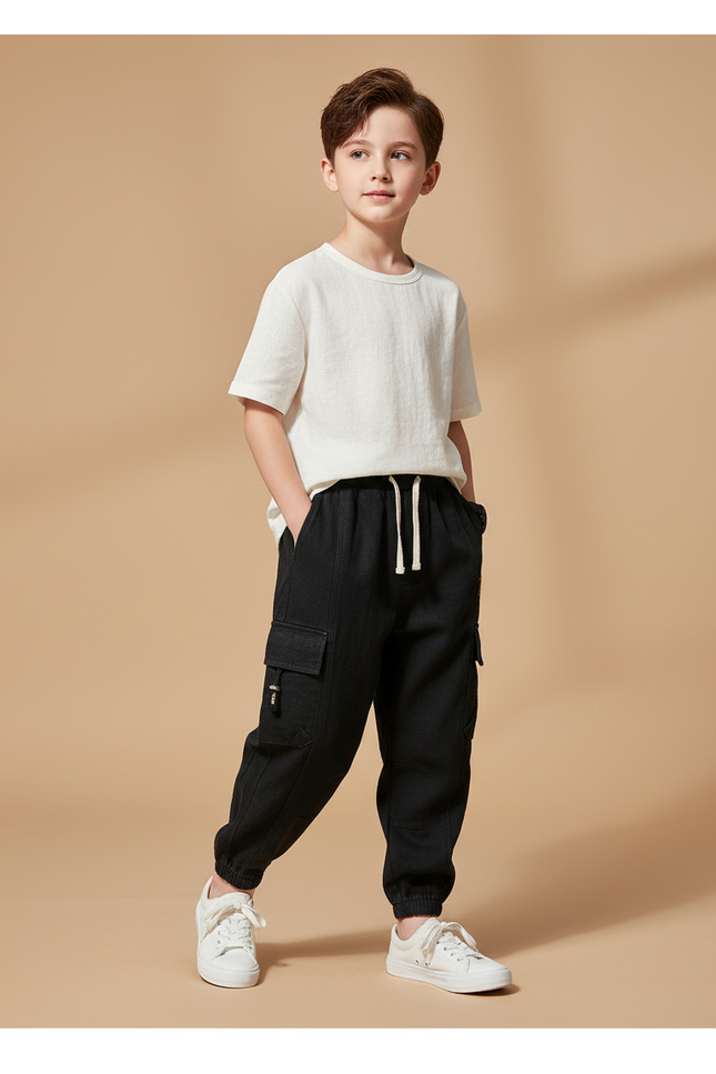 Pantalon Baggy Noir Cargo Cordon Décontracté Enfant - Toile