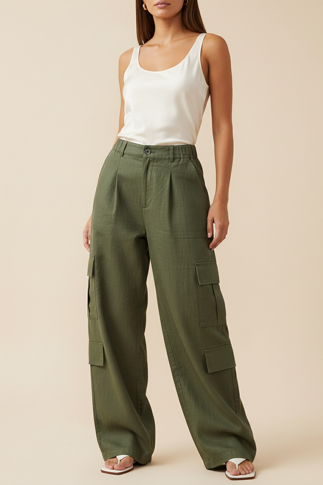 Pantalon Baggy Vert Kaki Ample Cargo Taille Haute Femme - Lin