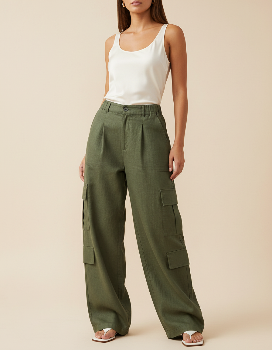 Pantalon Baggy Vert Kaki Ample Cargo Taille Haute Femme - Lin