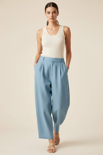 Pantalon Baggy Bleu Ciel Plissé Ample Décontracté Femme - Lin