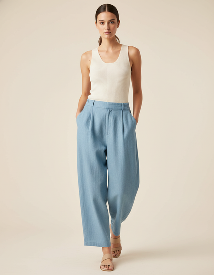 Pantalon Baggy Bleu Ciel Plissé Ample Décontracté Femme - Lin
