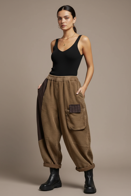Pantalon Baggy Côtelé Marron Ample Patchwork Décontracté - Camel Cordé