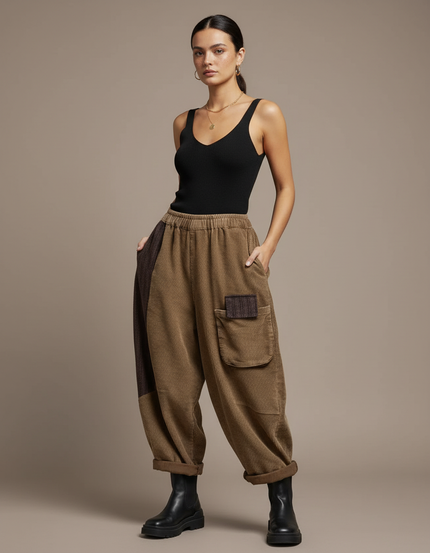 Pantalon Baggy Côtelé Marron Ample Patchwork Décontracté - Camel Cordé