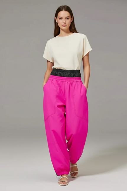 Pantalon Baggy Fuchsia Ample Taille Élastique Décontracté Fluide - Rose Polyester