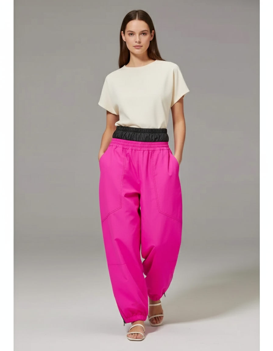 Pantalon Baggy Fuchsia Ample Taille Élastique Décontracté Fluide - Rose Polyester