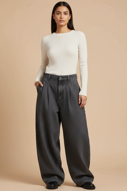 Pantalon Baggy Femme Gris Taille Haute Denim - Jean