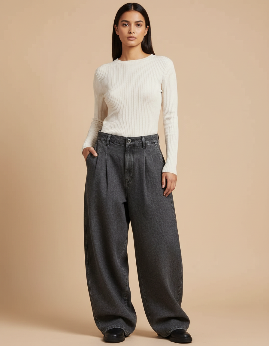 Pantalon Baggy Femme Gris Taille Haute Denim - Jean