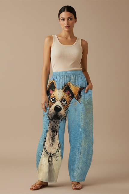 Pantalon Baggy Bleu Imprimé Chien Mignon Ample Fluide Femme - Viscose