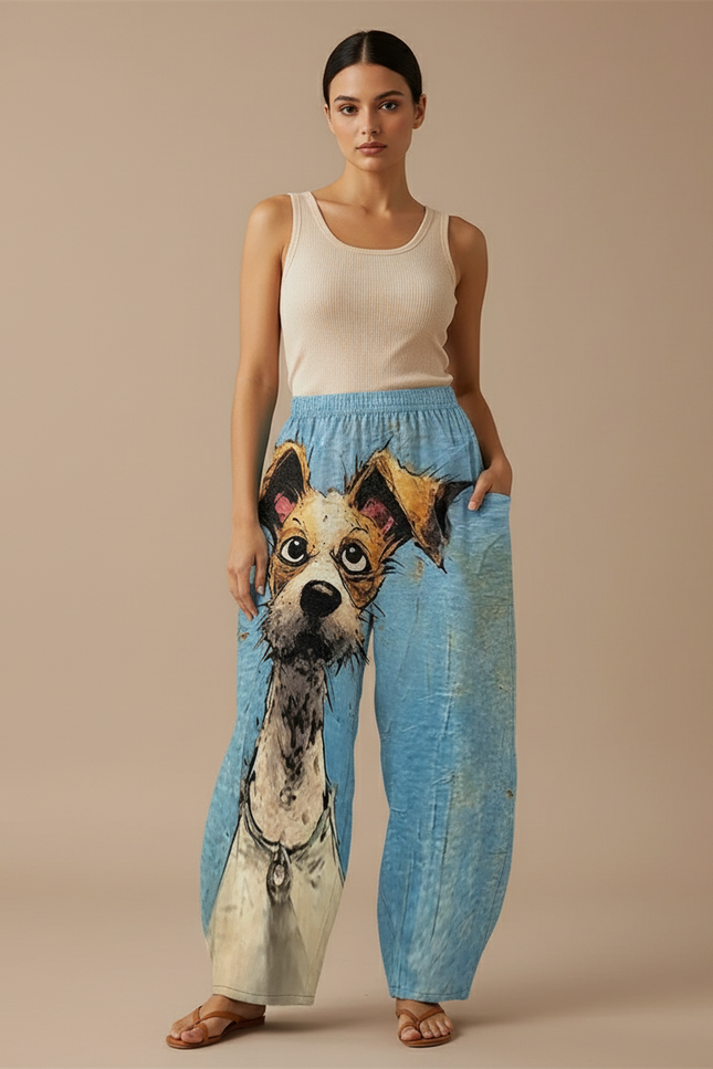 Pantalon Baggy Bleu Imprimé Chien Mignon Ample Fluide Femme - Viscose