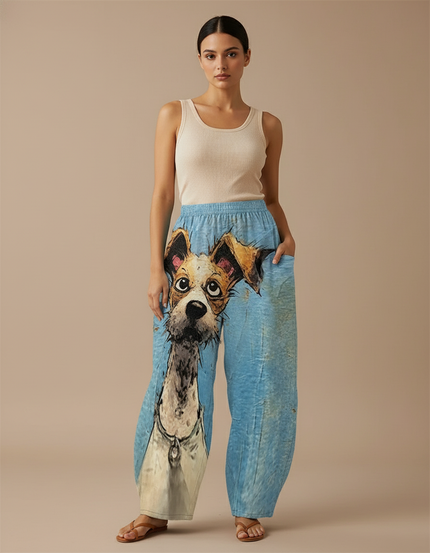 Pantalon Baggy Bleu Imprimé Chien Mignon Ample Fluide Femme - Viscose